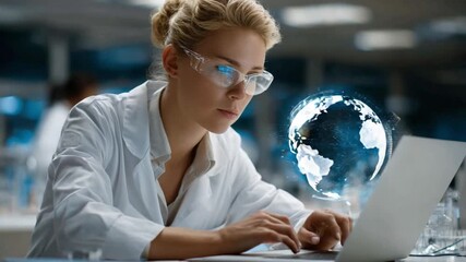 Global Science Insight: A focused scientist works diligently on a laptop, with a holographic globe hovering nearby, symbolizing the reach and impact of scientific discovery. - Powered by Adobe