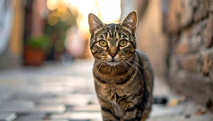 Focused Feline - A Striking Portrait of a Tabby Cat in Alleyway.