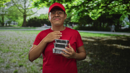 Fototapeta premium Hispanic man in red cap and shirt holding stacked foil food containers with hands while smiling in forest park path; service pride.