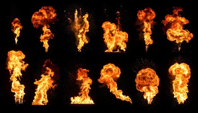 A collection of diverse fiery explosions against a stark black backdrop