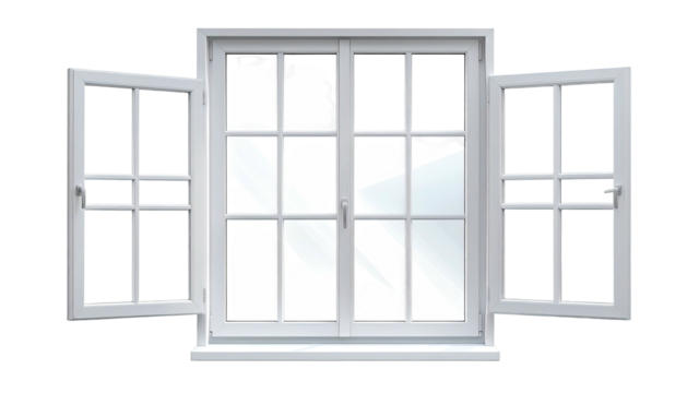 A white, open double-hung window with multiple panes and two outward-swinging sashes