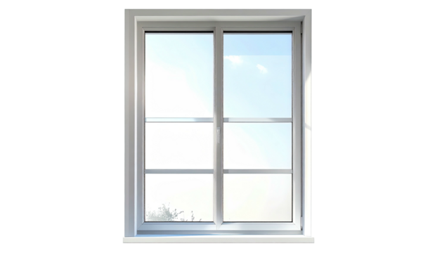 A bright, modern double-pane window, showcasing a clear view of the sky