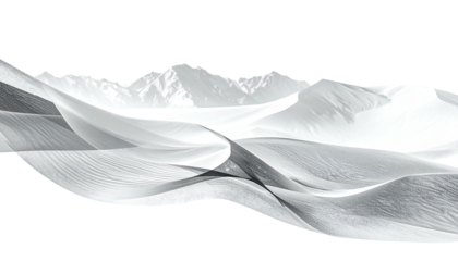 A grayscale landscape showing abstract dune swirls against a mountain backdrop