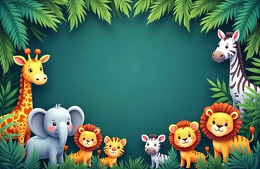 Fototapeta premium Cute cartoon safari animals form a border around a teal background. Includes giraffe, elephant, lion, tiger, and zebra. Tropical leaves frame the scene.