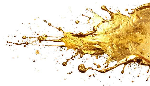 A dynamic burst of glossy gold liquid splashes across a dark, contrasting background