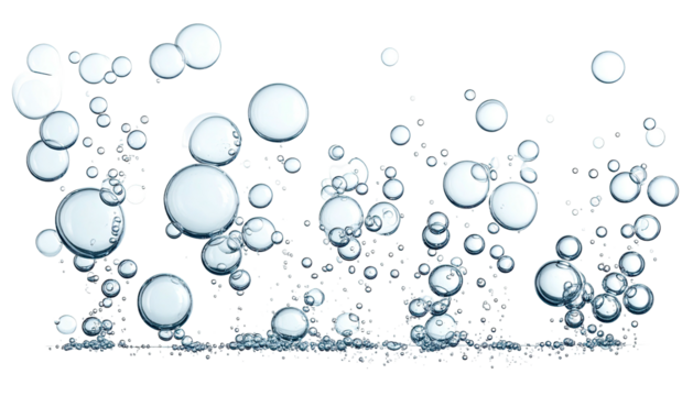 Digitally created depiction of numerous, varied-sized, translucent bubbles against a dark background