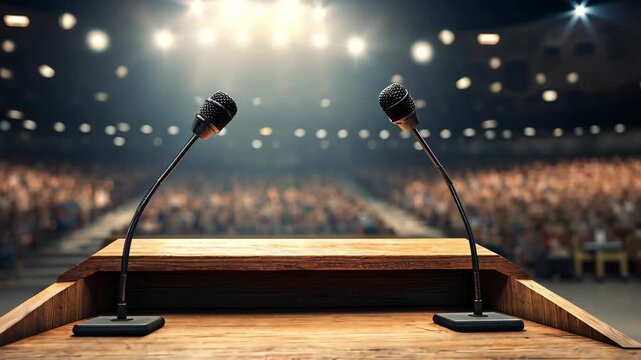 Empty podium with microphones on a stage under spotlights, 4k video