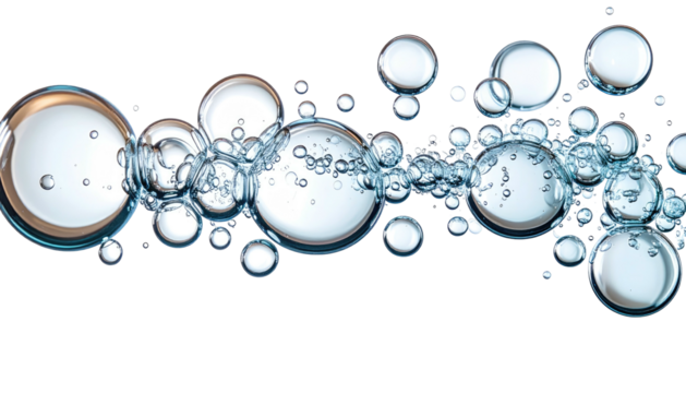 Transparent, spherical bubbles of different sizes floating against a black background