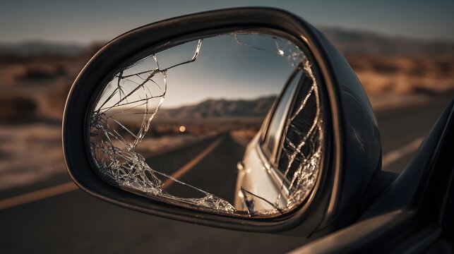 Automobile side view mirror displays significant shattered glass damage beside an empty road.