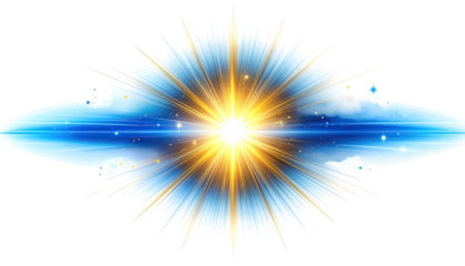 Graphic of a celestial burst, bright light emitting rays, surrounded by blue and white hues