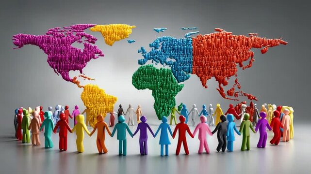 Global Harmony: A vibrant world map composed of diverse hues encircles a diverse group of individuals, hands clasped together in unity, symbolizing global cooperation and interconnectedness.