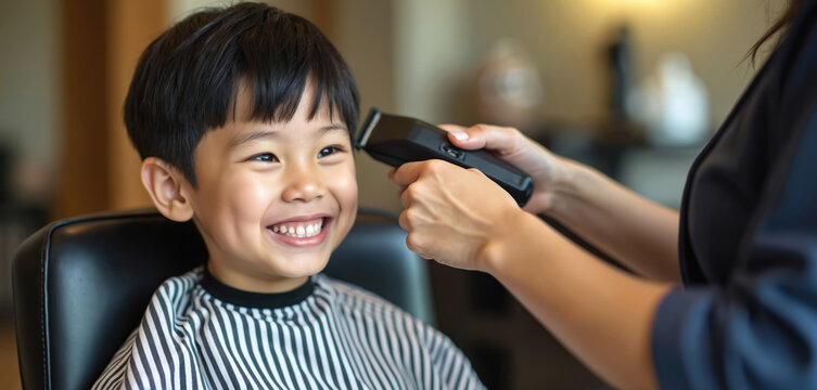 Young boy gets haircut from woman using electric clipper in salon. Child smiles happily while getting trim at barber shop. Professional hair styling service for kids at grooming place.