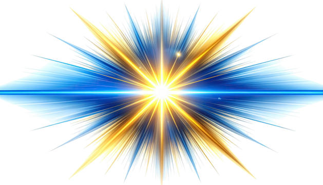 Graphic with radiant bursts of light in blue and gold hues, star-like appearance
