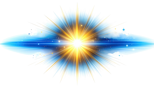Graphic of a celestial burst, bright light emitting rays, surrounded by blue and white hues