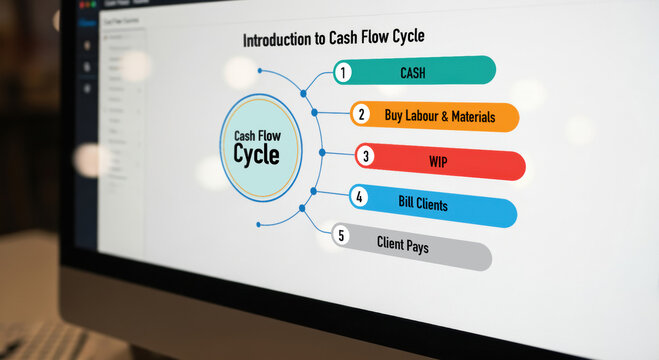 Professional business presentation on computer screen details cash flow cycle for financial management. diagram explains key steps for successful monetary operation