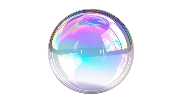 Close-up of a perfectly spherical, transparent soap bubble reflecting rainbow-colored light