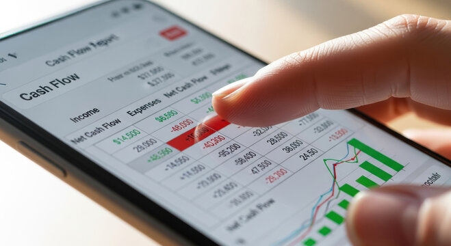 Focused person doing business cash flow management on smartphone. Analyzing financial report with income and expense data for better investment and accounting