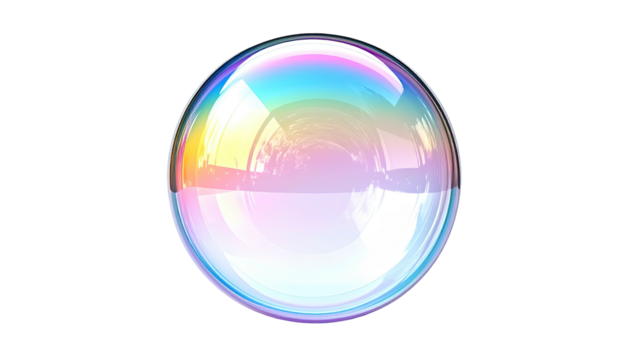 A translucent, spherical soap film refracting light, showcasing iridescent color play against a black background
