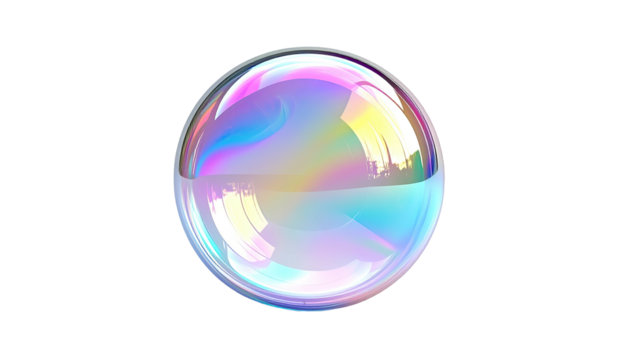 A single, iridescent soap bubble floats isolated against a stark black backdrop