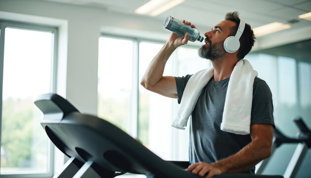 Mature man with beard drinks water from bottle while jogging on treadmill. He wears headphones and has towel on shoulder. Fitness and healthy lifestyle.