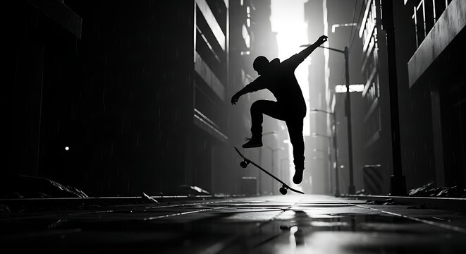 Silhouette of a skateboarder performing a trick mid-air on a wet urban street with tall buildings in the background, captured in dramatic black and white.