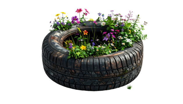 Recycled tire transforms into vibrant garden, showcasing colorful flowers and greenery