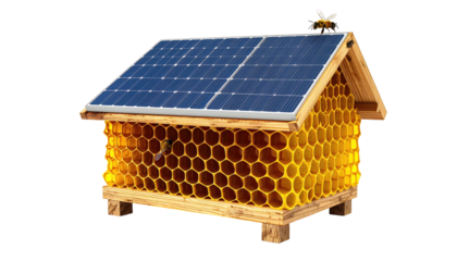 Innovative beehive design with a solar panel roof and a honeycomb-like structure