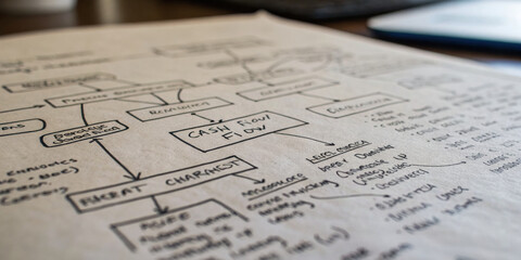 Focused business strategy diagram for cash flow management and project analysis. handwritten flowchart on paper illustrates creative planning process for development
