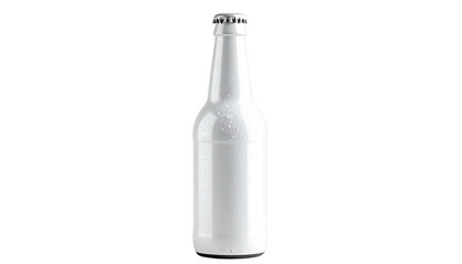 Isolated beer bottle with a white, clean, and minimalist design, featuring a silver cap