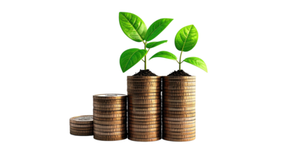 Stacks of coins representing growth, with plants sprouting from the top. Black background