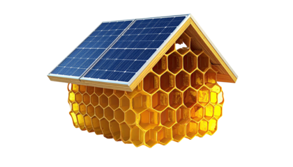 A geometric concept illustrating sustainable housing with honeycomb structure and solar panels