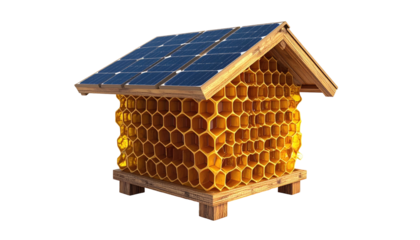 A solar-powered honeybee hive with honeycomb walls, on a black background