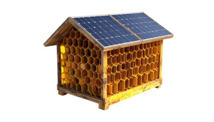 A solar-powered honeybee hive with hexagonal cells, wooden frame and panel on a black background