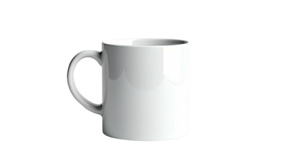 A white ceramic mug with a curved handle, isolated against a solid black background