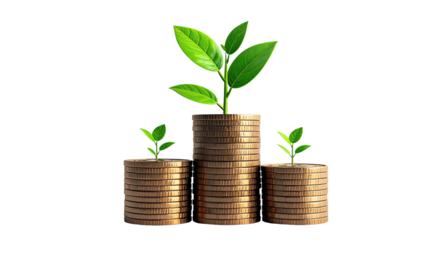 Stacked coins, each topped with a young plant, against a black background