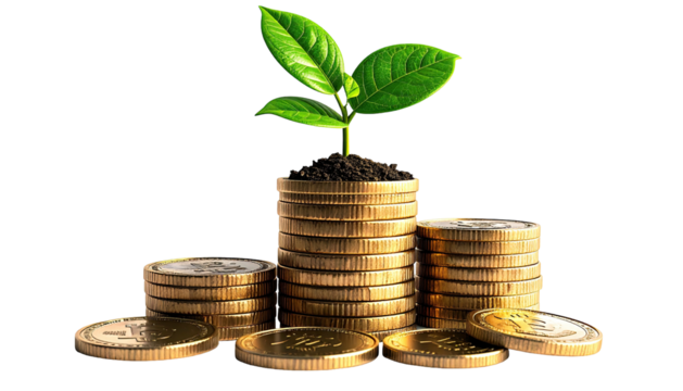 A verdant sprout emerges from stacked coins, symbolizing financial growth against a black background