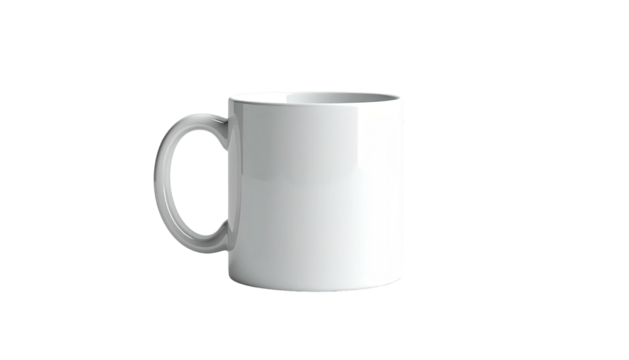 A blank white ceramic mug with a curved handle, isolated on a stark black background