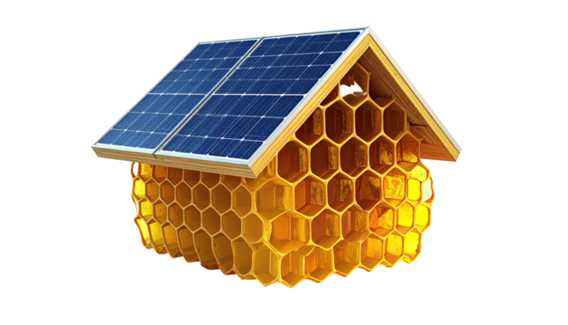 A geometric concept illustrating sustainable housing with honeycomb structure and solar panels