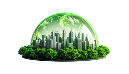 Modern city skyline encased in a glowing green energy shield, symbolizing protection and sustainability