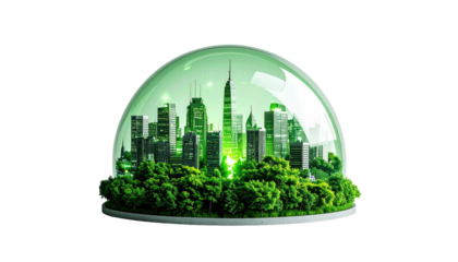 Futuristic urban scene protected by a clear dome, showcasing a vibrant green cityscape