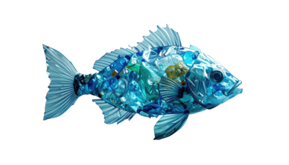 A composite illustration of a fish composed of scattered plastic waste, isolated on black
