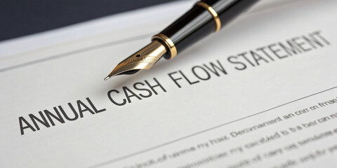 Obraz premium Annual cash flow statement for business management. fountain pen on financial document showing income and expense for serious corporate planning and analysis