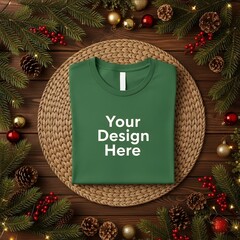 Folded green t-shirt mockup placed on woven mat with Christmas pine branches, red berries, and golden ornaments for stylish festive apparel presentation