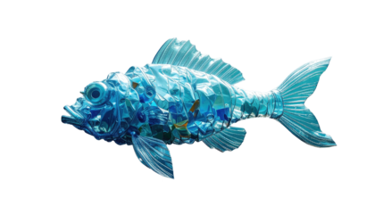 Blue sculpture of a fish constructed from fragmented, refractive glass against a black backdrop