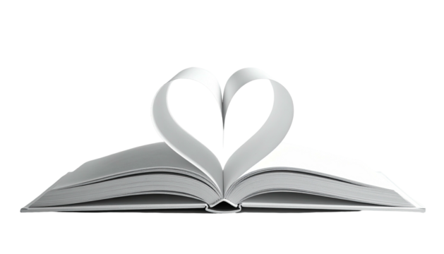 Open book with pages shaped into a heart, a symbol of love and reading