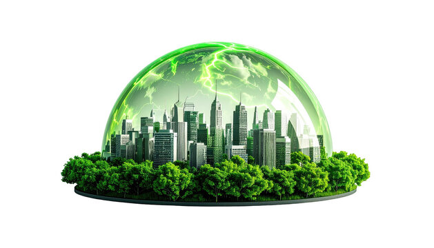 Modern city skyline encased in a glowing green energy shield, symbolizing protection and sustainability