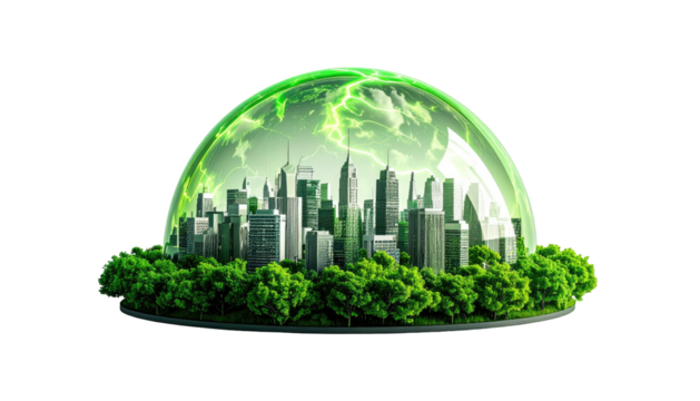 Modern city skyline encased in a glowing green energy shield, symbolizing protection and sustainability