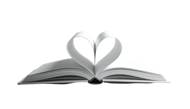 Open book with heart-shaped pages. Pure white, 3D render on black background