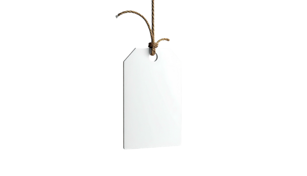 Isolated blank, white rectangular tag with a dark brown twine attached, suspended against a black background