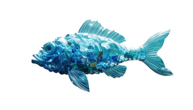 Blue sculpture of a fish constructed from fragmented, refractive glass against a black backdrop
